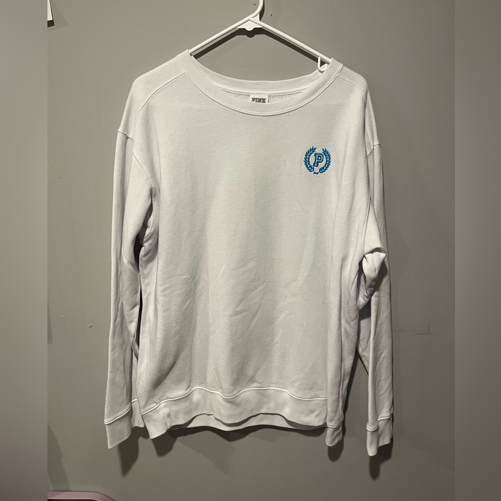 PINK Victoria's Secret White Crewneck Sweater with Blue Logo